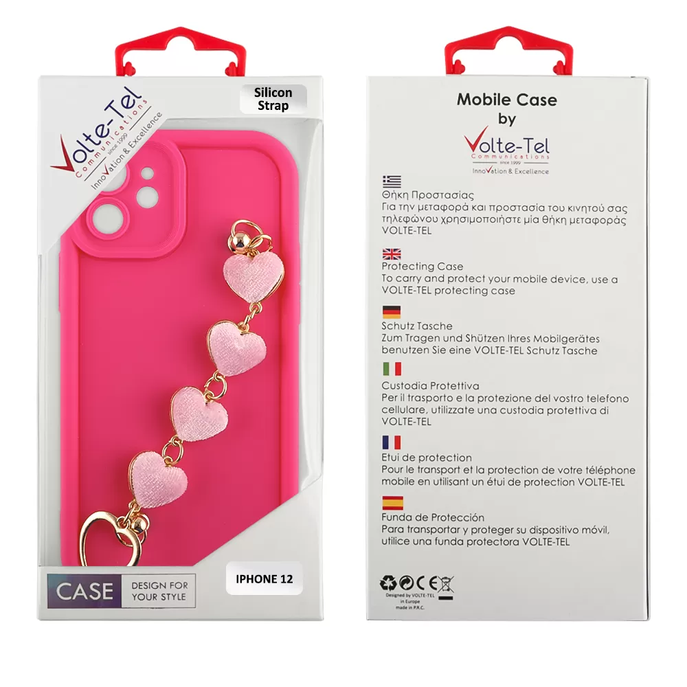 VOLTE-TEL ΘΗΚΗ IPHONE 12 6.1" SILICON TPU WITH STRAP FULL CAMERA PROTECTION PINK WITH PINK HEARTS - Image 2