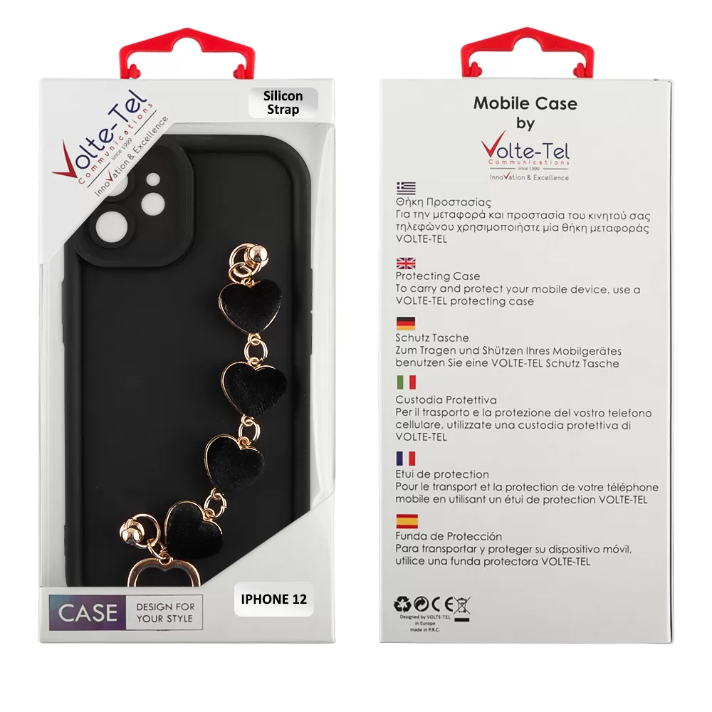 VOLTE-TEL ΘΗΚΗ IPHONE 12 6.1" SILICON TPU WITH STRAP FULL CAMERA PROTECTION BLACK WITH BLACK HEARTS - Image 2