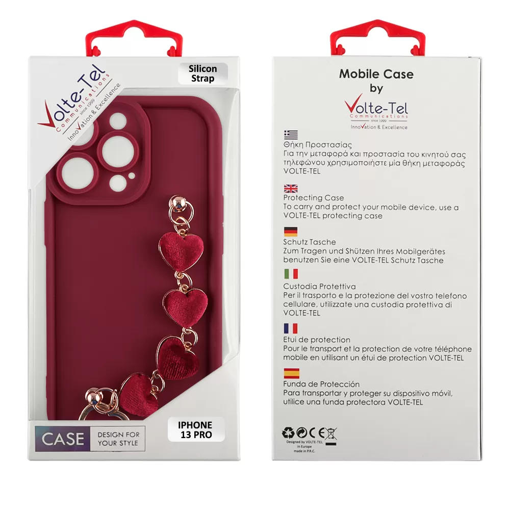 VOLTE-TEL ΘΗΚΗ IPHONE 13 PRO 6.1" SILICON TPU WITH STRAP FULL CAMERA PROTECTION BURGUNDY WITH RED HEARTS - Image 2