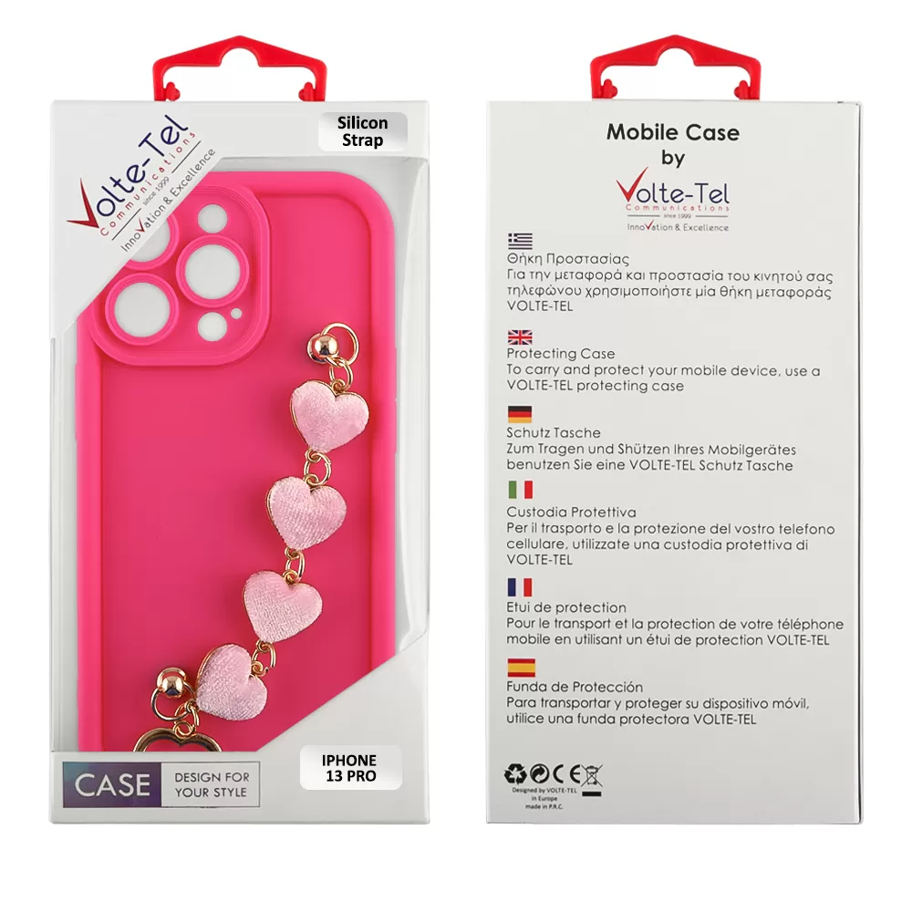 VOLTE-TEL ΘΗΚΗ IPHONE 13 PRO 6.1" SILICON TPU WITH STRAP FULL CAMERA PROTECTION PINK WITH PINK HEARTS - Image 2