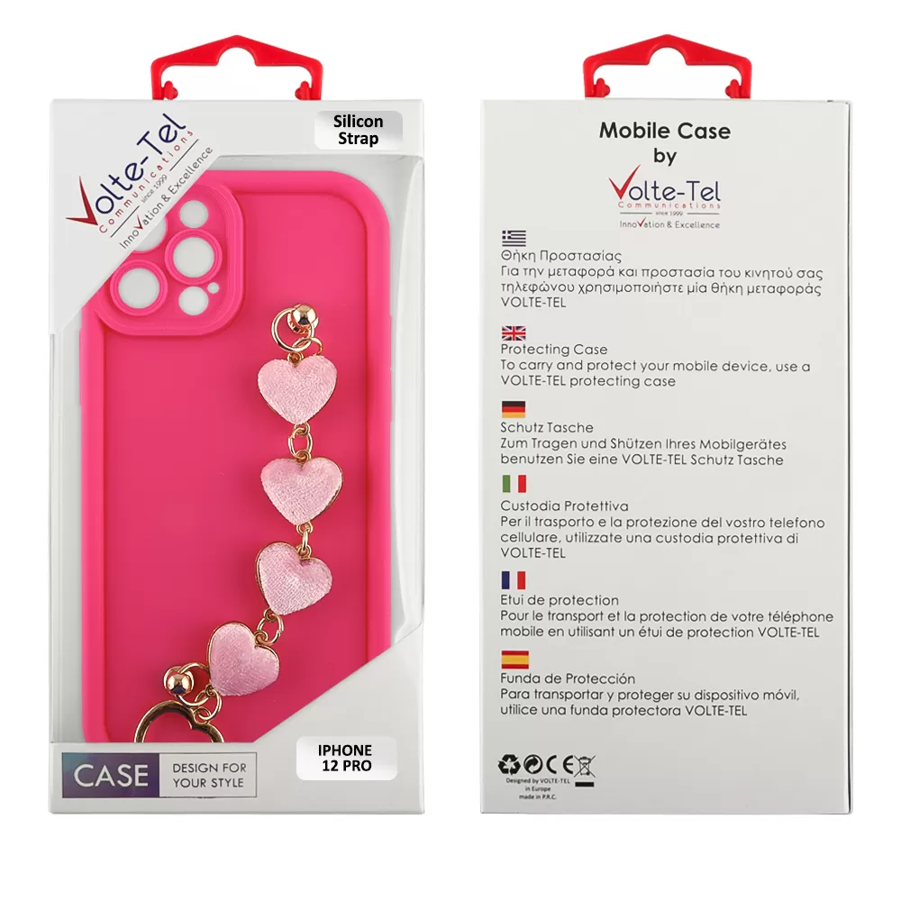 VOLTE-TEL ΘΗΚΗ IPHONE 12 PRO 6.1" SILICON TPU WITH STRAP FULL CAMERA PROTECTION PINK WITH PINK HEARTS - Image 2