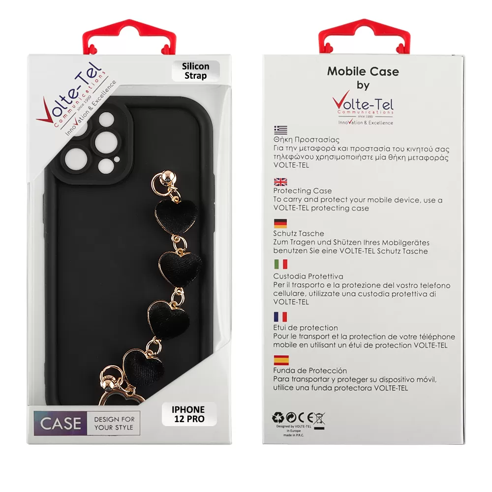 VOLTE-TEL ΘΗΚΗ IPHONE 12 PRO 6.1" SILICON TPU WITH STRAP FULL CAMERA PROTECTION BLACK WITH BLACK HEARTS - Image 2