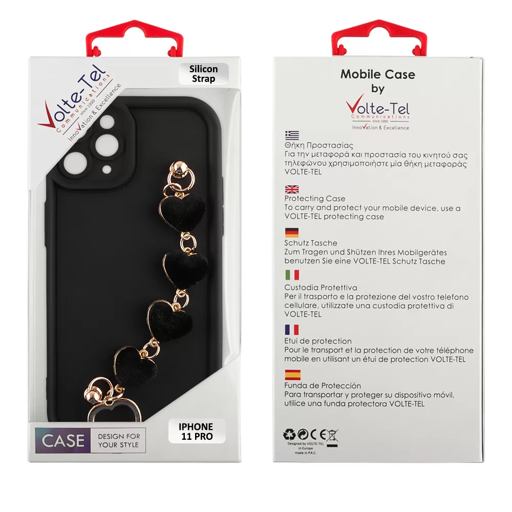 VOLTE-TEL ΘΗΚΗ IPHONE 11 PRO 5.8" SILICON TPU WITH STRAP FULL CAMERA PROTECTION BLACK WITH BLACK HEARTS - Image 2