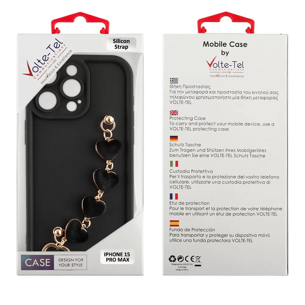 VOLTE-TEL ΘΗΚΗ IPHONE 15 PRO MAX 6.7" SILICON TPU WITH STRAP FULL CAMERA PROTECTION BLACK WITH BLACK HEARTS - Image 2