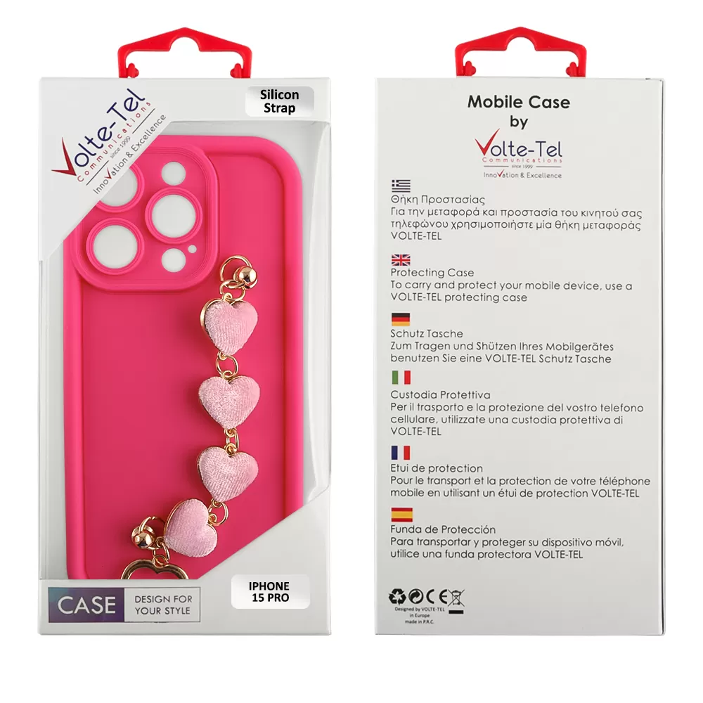 VOLTE-TEL ΘΗΚΗ IPHONE 15 PRO 6.1" SILICON TPU WITH STRAP FULL CAMERA PROTECTION PINK WITH PINK HEARTS - Image 2