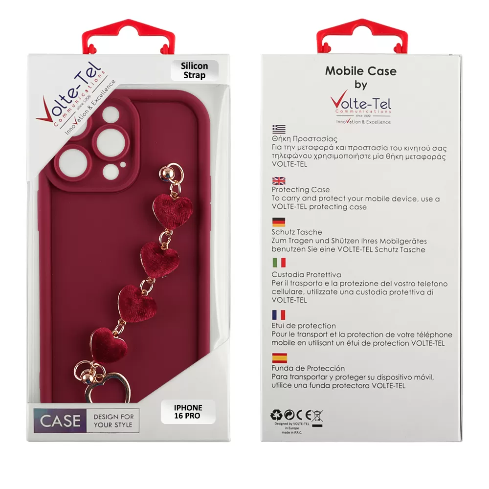 VOLTE-TEL ΘΗΚΗ IPHONE 15 PRO 6.1" SILICON TPU WITH STRAP FULL CAMERA PROTECTION BURGUNDY WITH RED HEARTS - Image 2