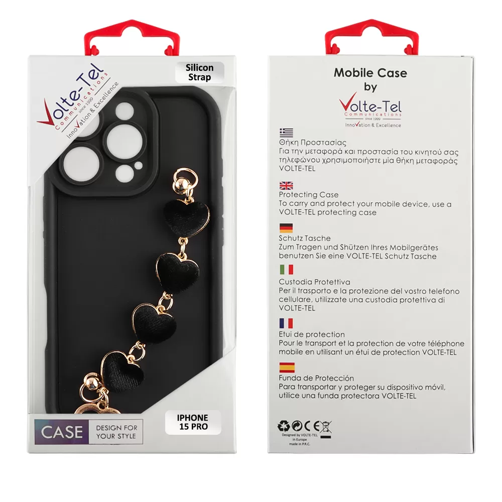 VOLTE-TEL ΘΗΚΗ IPHONE 15 PRO 6.1" SILICON TPU WITH STRAP FULL CAMERA PROTECTION BLACK WITH BLACK HEARTS - Image 2