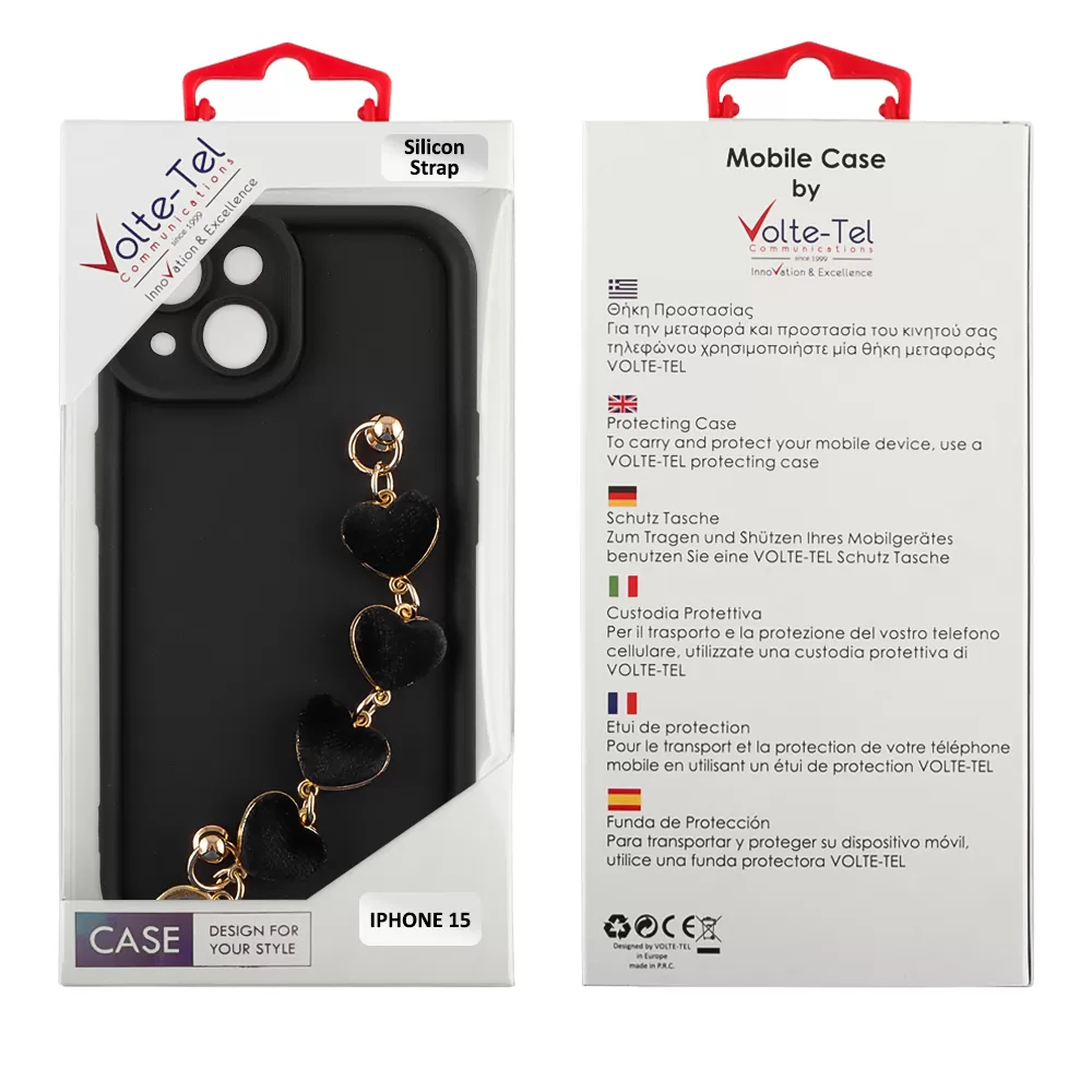 VOLTE-TEL ΘΗΚΗ IPHONE 15 6.1" SILICON TPU WITH STRAP FULL CAMERA PROTECTION BLACK WITH BLACK HEARTS - Image 2