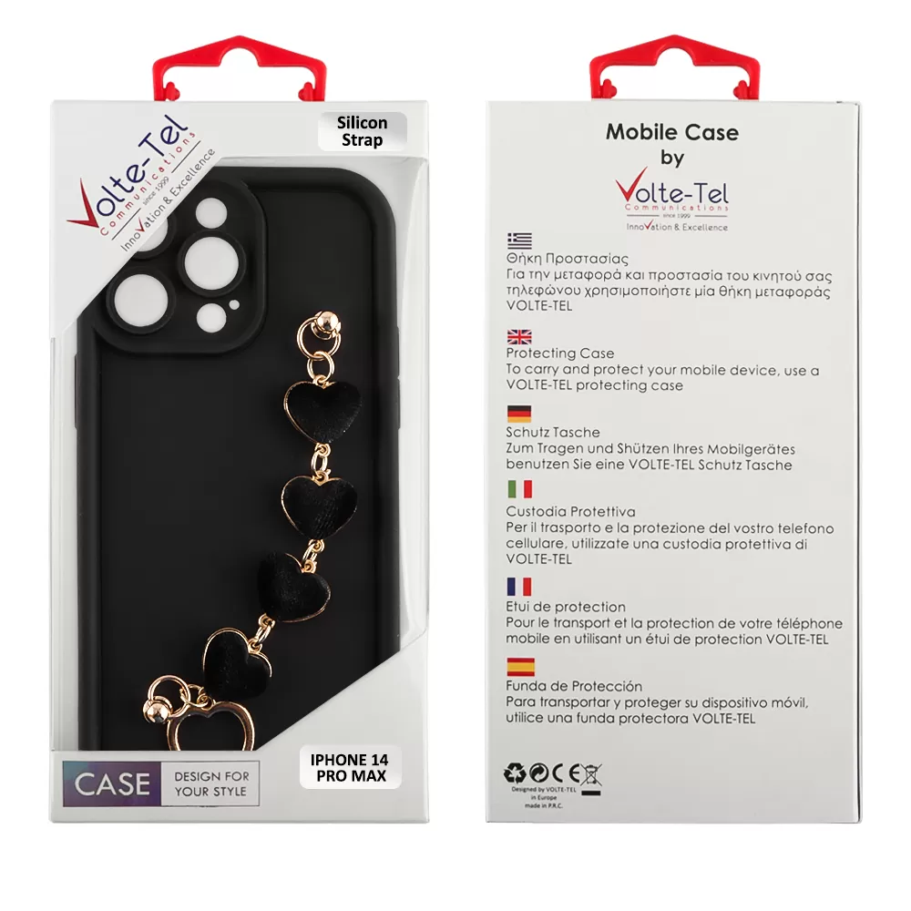 VOLTE-TEL ΘΗΚΗ IPHONE 14 PRO MAX 6.7" SILICON TPU WITH STRAP FULL CAMERA PROTECTION BLACK WITH BLACK HEARTS - Image 2