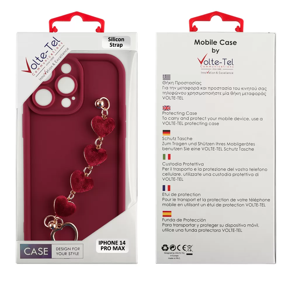 VOLTE-TEL ΘΗΚΗ IPHONE 14 PRO MAX 6.7" SILICON TPU WITH STRAP FULL CAMERA PROTECTION BURGUNDY WITH RED HEARTS - Image 2