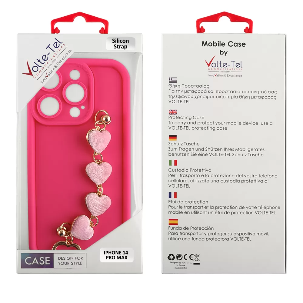 VOLTE-TEL ΘΗΚΗ IPHONE 14 PRO MAX 6.7" SILICON TPU WITH STRAP FULL CAMERA PROTECTION PINK WITH PINK HEARTS - Image 2