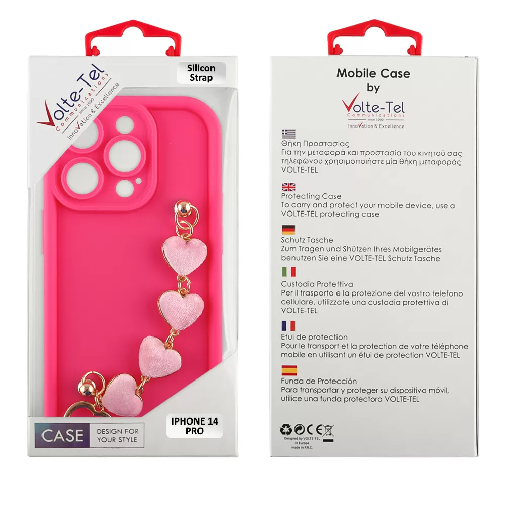 VOLTE-TEL ΘΗΚΗ IPHONE 14 PRO 6.1" SILICON TPU WITH STRAP FULL CAMERA PROTECTION PINK WITH PINK HEARTS - Image 2