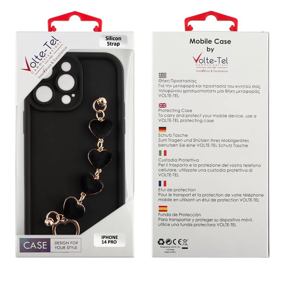 VOLTE-TEL ΘΗΚΗ IPHONE 14 PRO 6.1" SILICON TPU WITH STRAP FULL CAMERA PROTECTION BLACK WITH BLACK HEARTS - Image 2