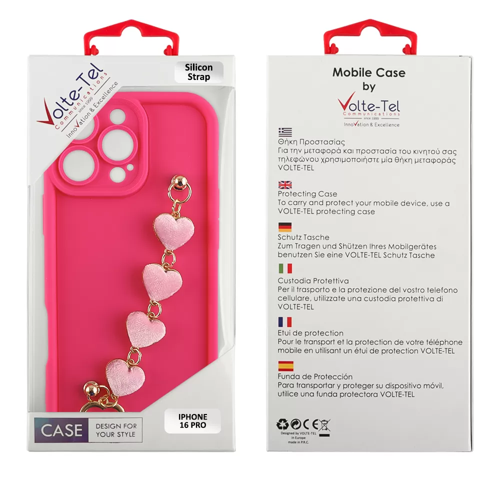 VOLTE-TEL ΘΗΚΗ IPHONE 16 PRO 6.3" SILICON TPU WITH STRAP FULL CAMERA PROTECTION PINK WITH PINK HEARTS - Image 2