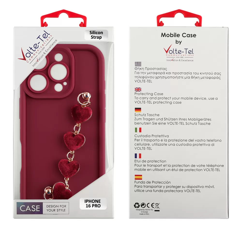 VOLTE-TEL ΘΗΚΗ IPHONE 16 PRO 6.3" SILICON TPU WITH STRAP FULL CAMERA PROTECTION BURGUNDY WITH RED HEARTS - Image 2