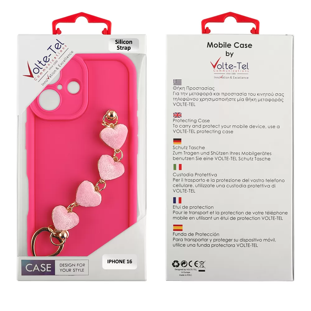 VOLTE-TEL ΘΗΚΗ IPHONE 16 6.1" SILICON TPU WITH STRAP FULL CAMERA PROTECTION PINK WITH PINK HEARTS - Image 2