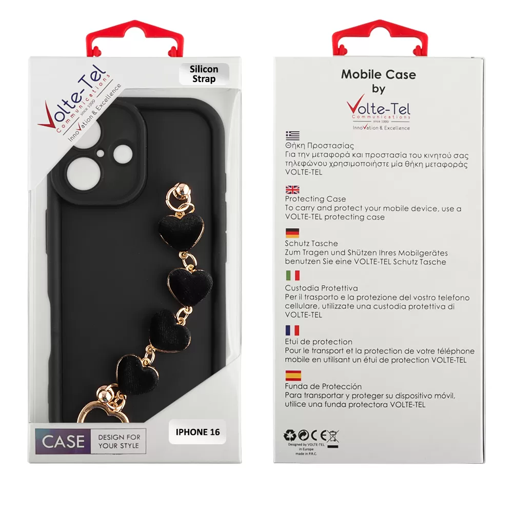 VOLTE-TEL ΘΗΚΗ IPHONE 16 6.1" SILICON TPU WITH STRAP FULL CAMERA PROTECTION BLACK WITH BLACK HEARTS - Image 2