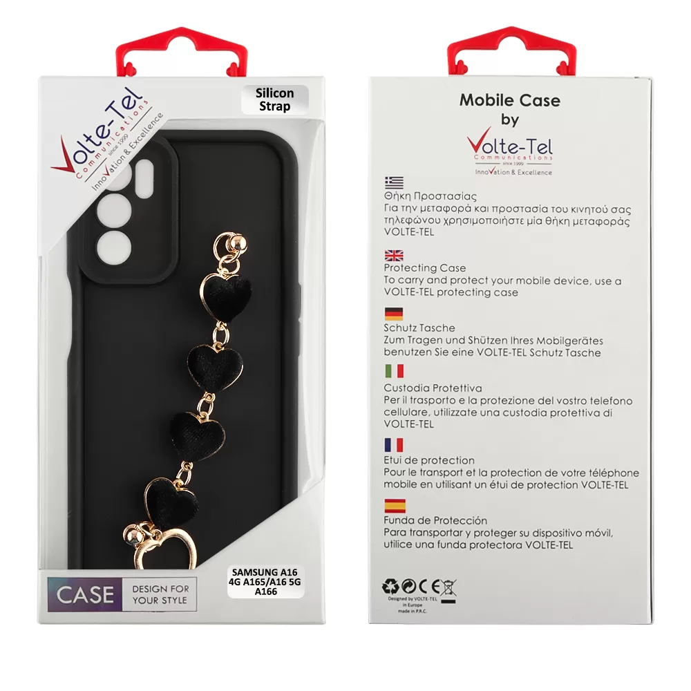 VOLTE-TEL ΘΗΚΗ SAMSUNG A16 4G A165/A16 5G A166 6.7" SILICON TPU WITH STRAP FULL CAMERA PROTECTION BLACK WITH BLACK HEARTS - Image 2