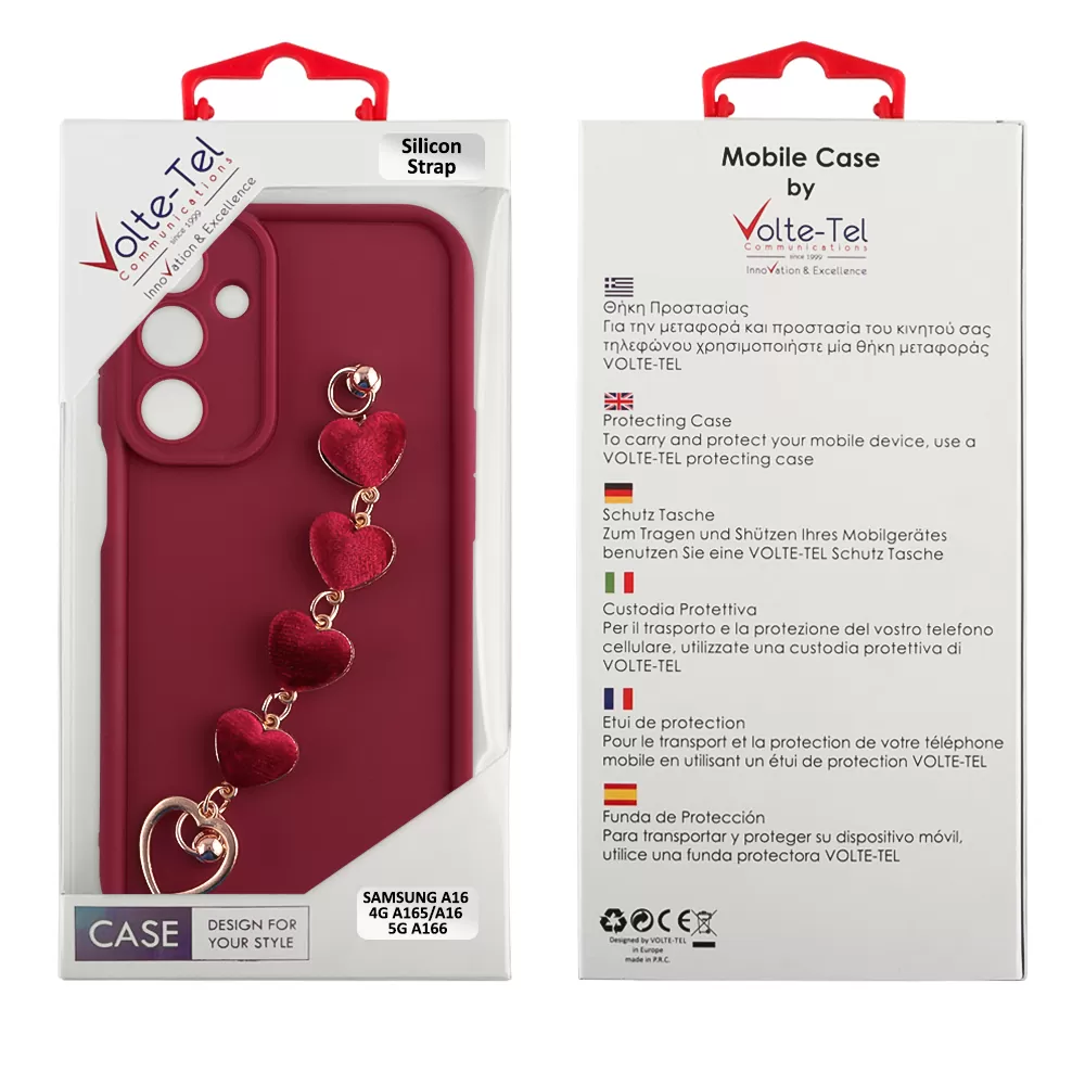 VOLTE-TEL ΘΗΚΗ SAMSUNG A16 4G A165/A16 5G A166 6.7" SILICON TPU WITH STRAP FULL CAMERA PROTECTION BURGUNDY WITH RED HEARTS - Image 2