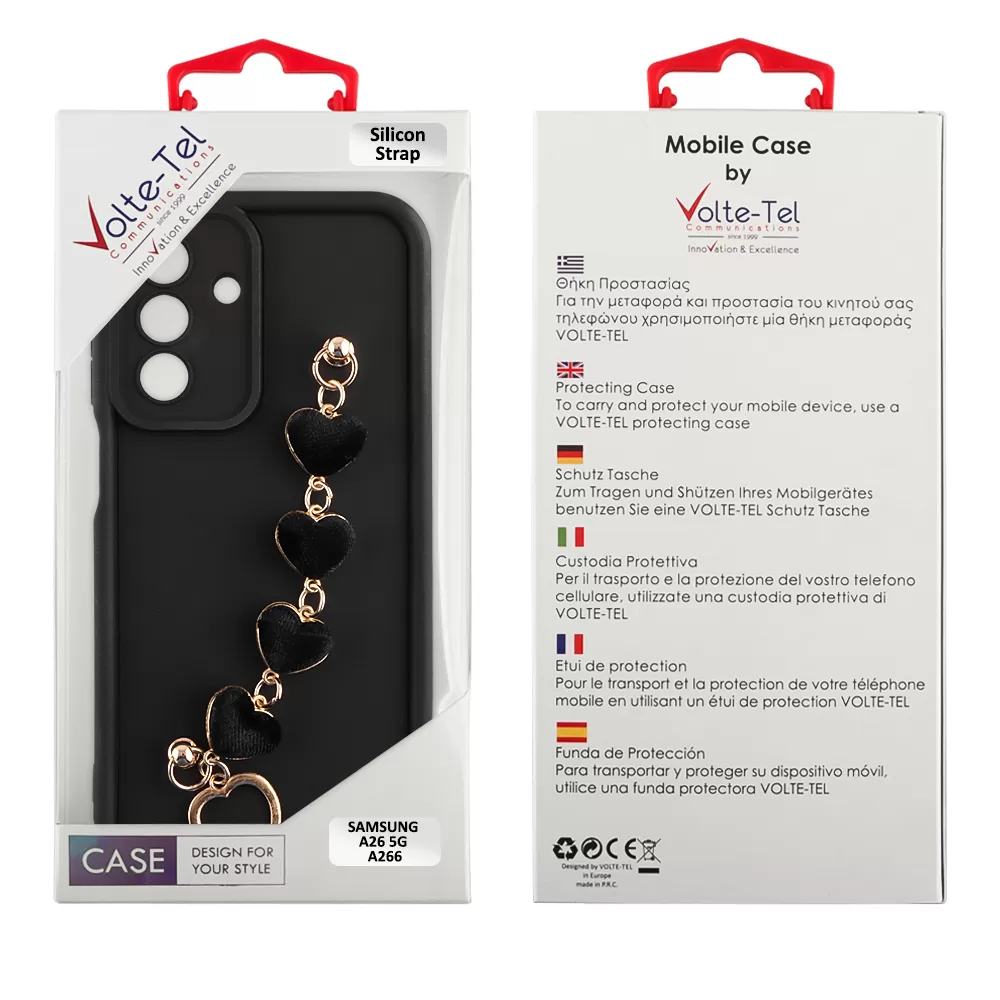 VOLTE-TEL ΘΗΚΗ SAMSUNG A26 5G A266 6.64" SILICON TPU WITH STRAP FULL CAMERA PROTECTION BLACK WITH BLACK HEARTS - Image 2
