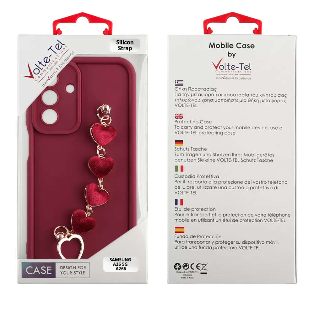 VOLTE-TEL ΘΗΚΗ SAMSUNG A26 5G A266 6.64" SILICON TPU WITH STRAP FULL CAMERA PROTECTION BURGUNDY WITH RED HEARTS - Image 2