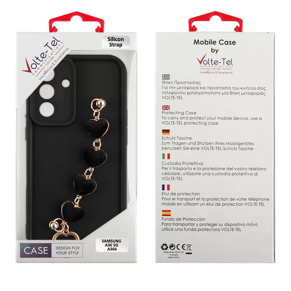 VOLTE-TEL ΘΗΚΗ SAMSUNG A36 5G A366 6.7" SILICON TPU WITH STRAP FULL CAMERA PROTECTION BLACK WITH BLACK HEARTS - Image 2