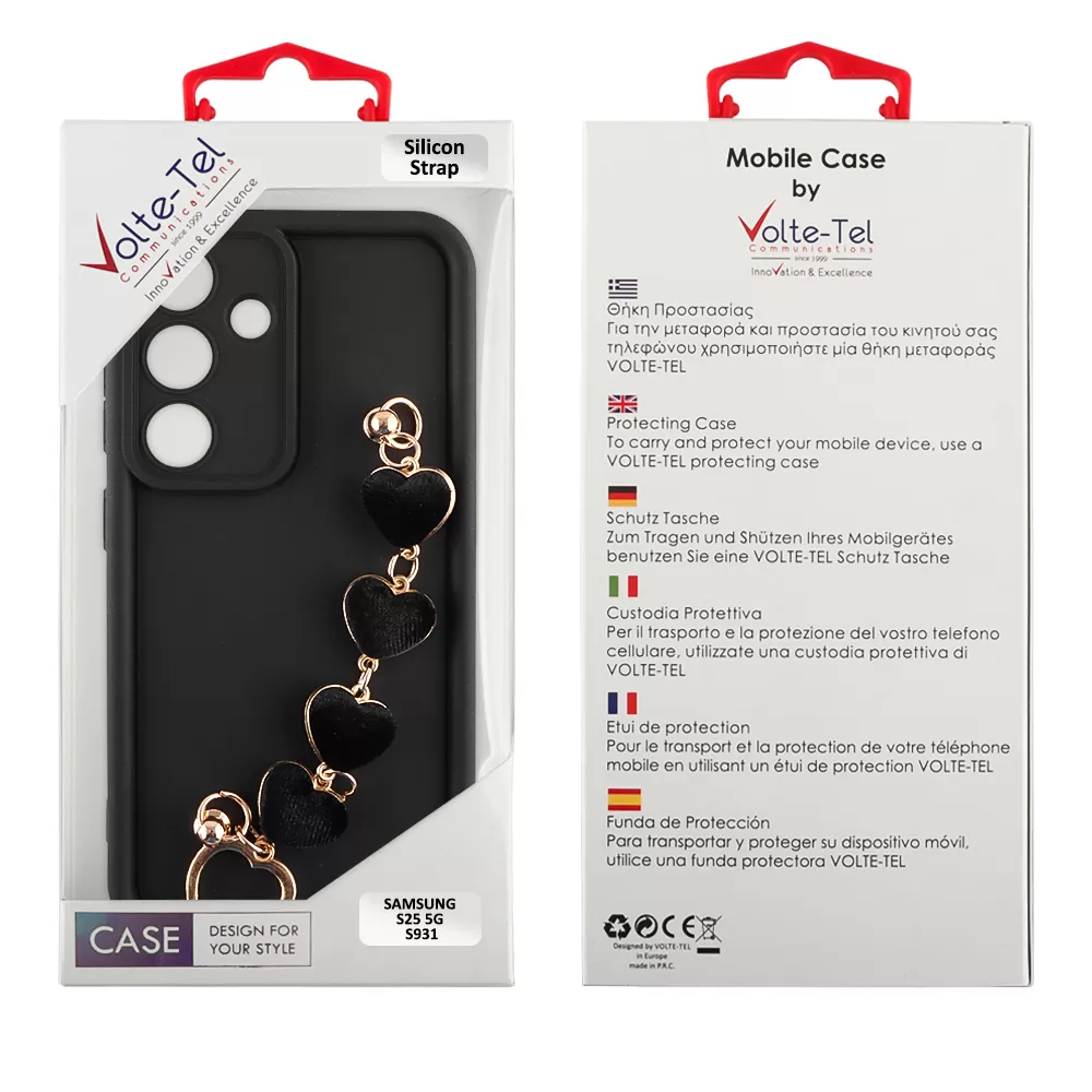 VOLTE-TEL ΘΗΚΗ SAMSUNG S25 5G S931 6.2" SILICON TPU WITH STRAP FULL CAMERA PROTECTION BLACK WITH BLACK HEARTS - Image 2