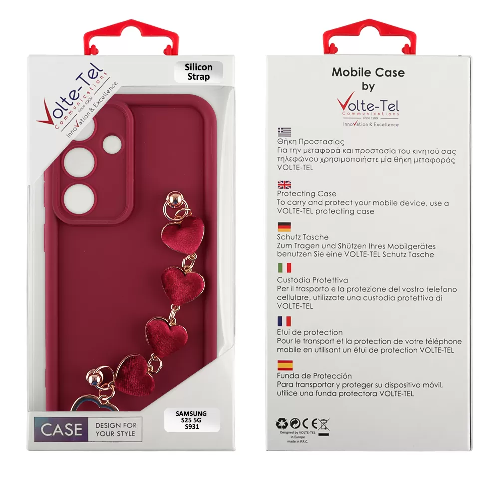 VOLTE-TEL ΘΗΚΗ SAMSUNG S25 5G S931 6.2" SILICON TPU WITH STRAP FULL CAMERA PROTECTION BURGUNDY WITH RED HEARTS - Image 2