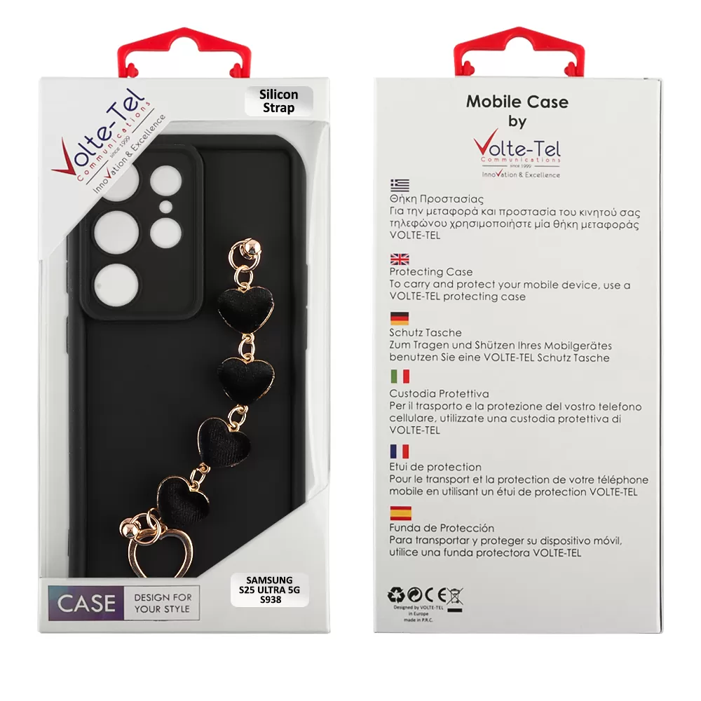VOLTE-TEL ΘΗΚΗ SAMSUNG S25 ULTRA 5G S938 6.9" SILICON TPU WITH STRAP FULL CAMERA PROTECTION BLACK WITH BLACK HEARTS - Image 2