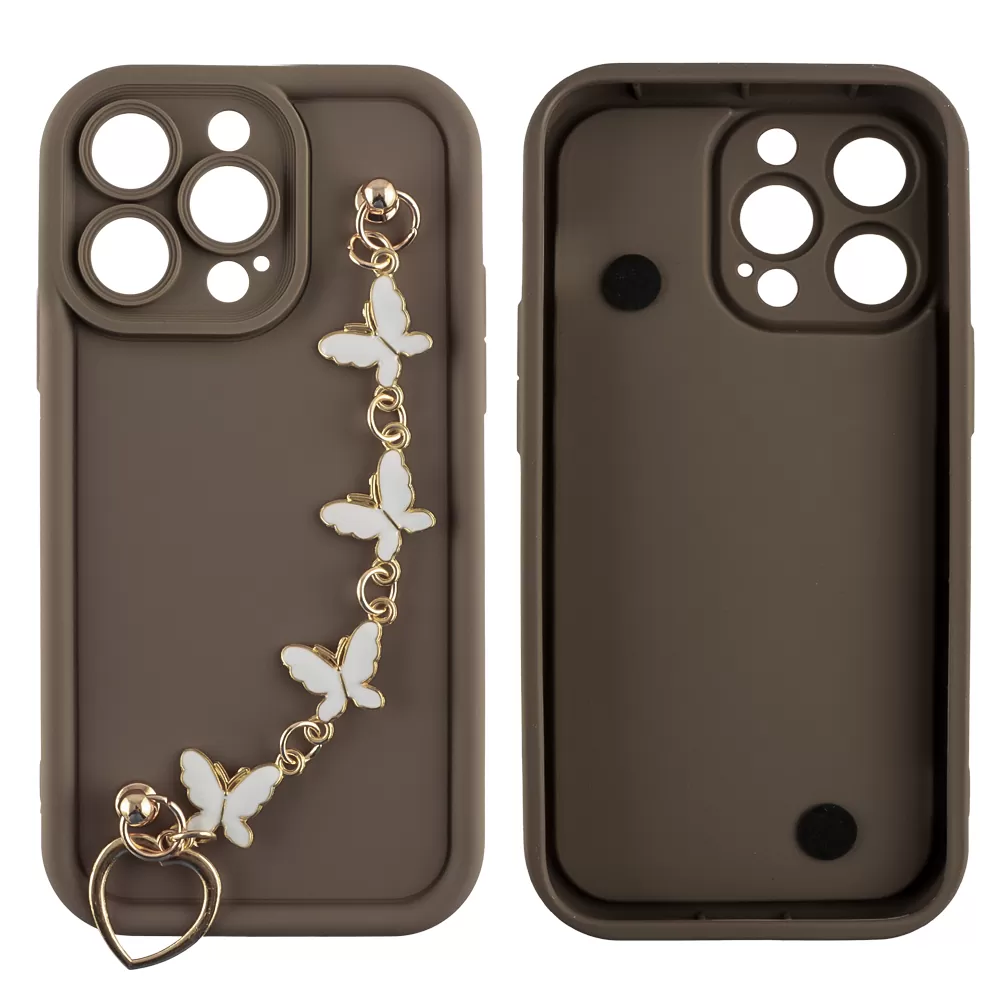 VOLTE-TEL ΘΗΚΗ IPHONE 13 PRO 6.1" SILICON TPU WITH STRAP FULL CAMERA PROTECTION BROWN WITH WHITE BUTTERFLIES - Image 3