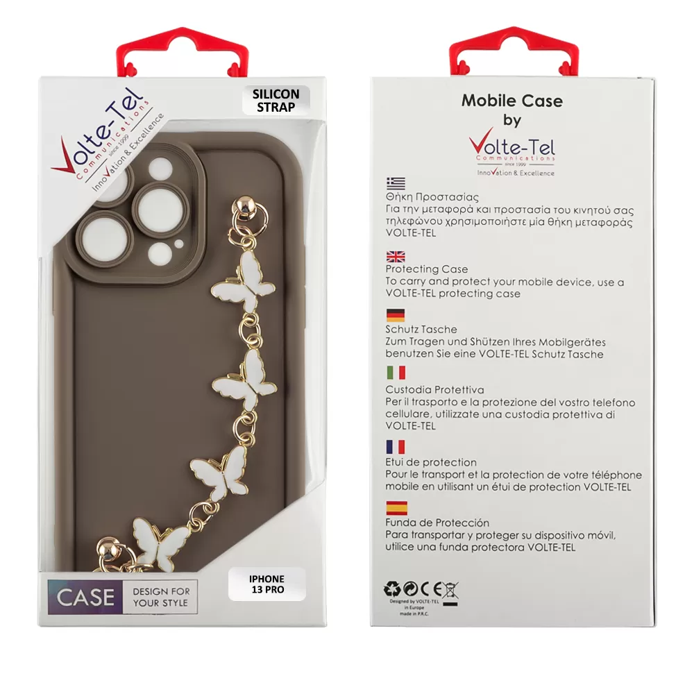 VOLTE-TEL ΘΗΚΗ IPHONE 13 PRO 6.1" SILICON TPU WITH STRAP FULL CAMERA PROTECTION BROWN WITH WHITE BUTTERFLIES - Image 2