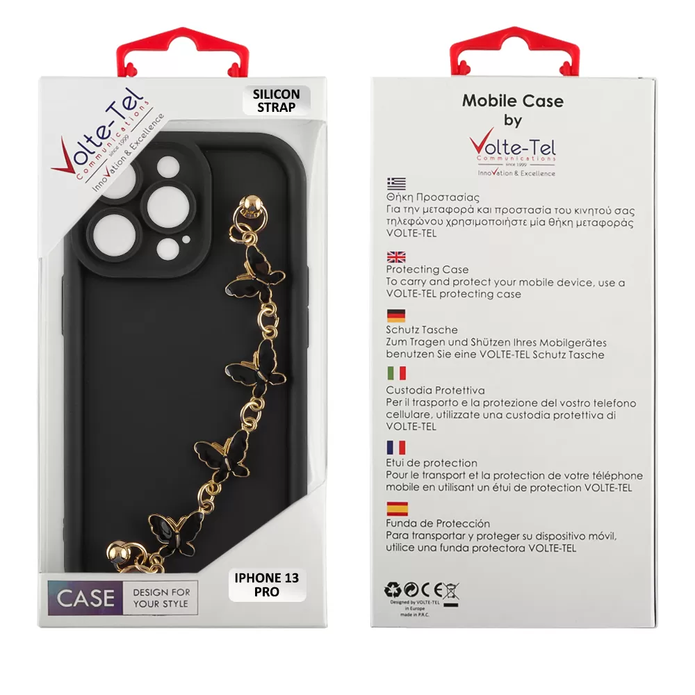 VOLTE-TEL ΘΗΚΗ IPHONE 13 PRO 6.1" SILICON TPU WITH STRAP FULL CAMERA PROTECTION BLACK WITH BLACK BUTTERFLIES - Image 2