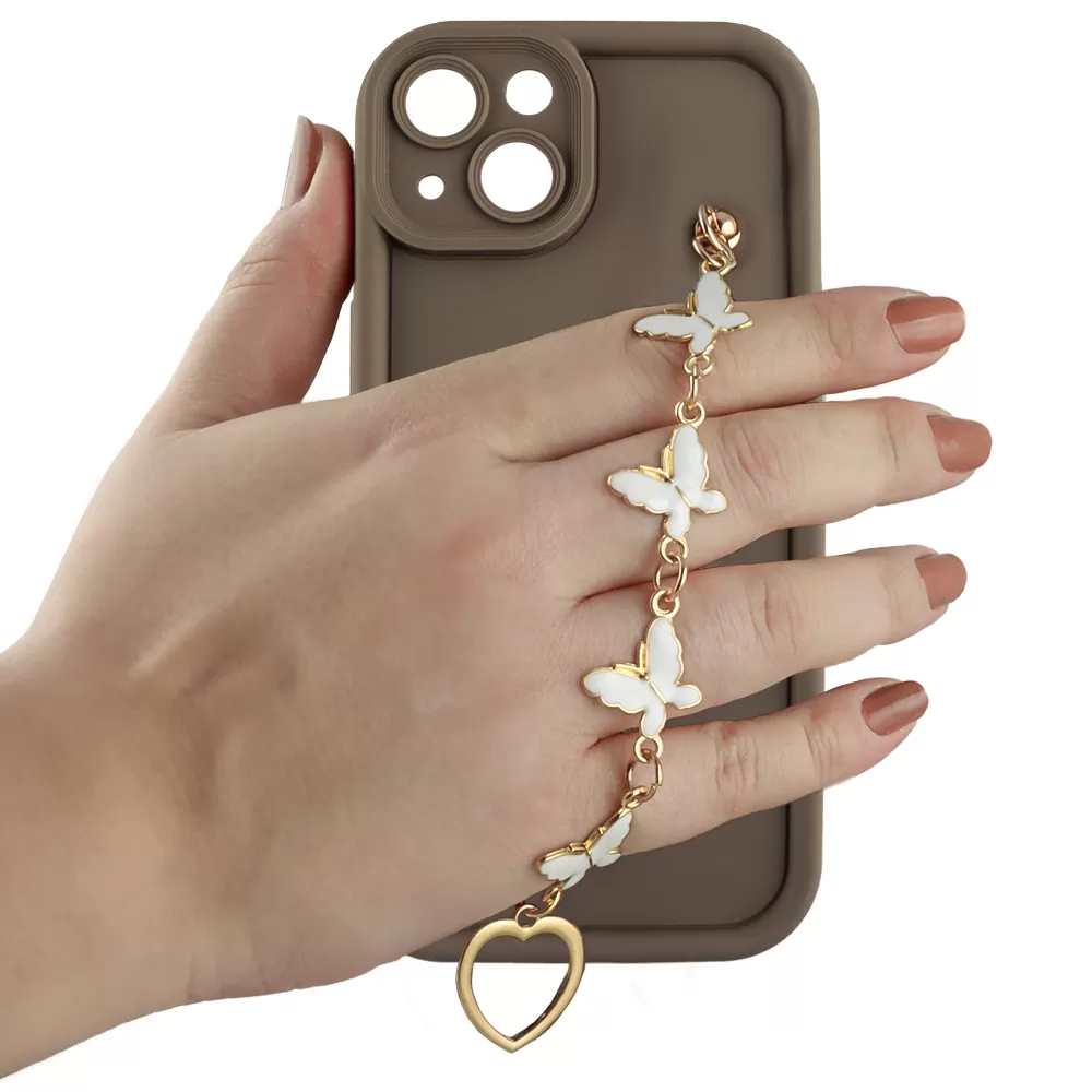 VOLTE-TEL ΘΗΚΗ IPHONE 13 6.1" SILICON TPU WITH STRAP FULL CAMERA PROTECTION BROWN WITH WHITE BUTTERFLIES - Image 5
