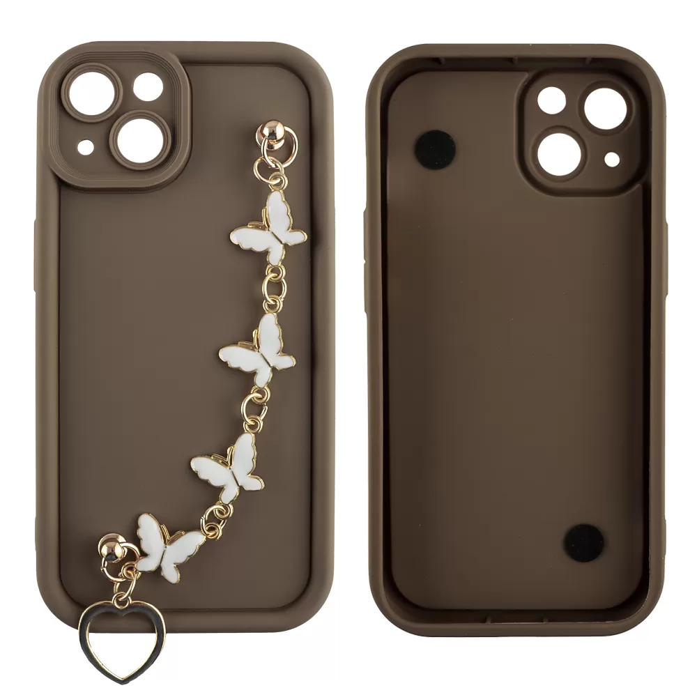 VOLTE-TEL ΘΗΚΗ IPHONE 13 6.1" SILICON TPU WITH STRAP FULL CAMERA PROTECTION BROWN WITH WHITE BUTTERFLIES - Image 3