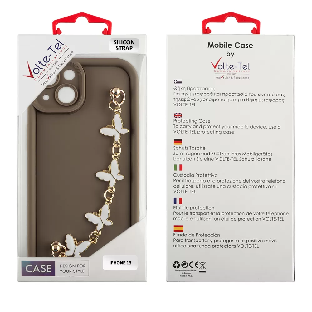 VOLTE-TEL ΘΗΚΗ IPHONE 13 6.1" SILICON TPU WITH STRAP FULL CAMERA PROTECTION BROWN WITH WHITE BUTTERFLIES - Image 2