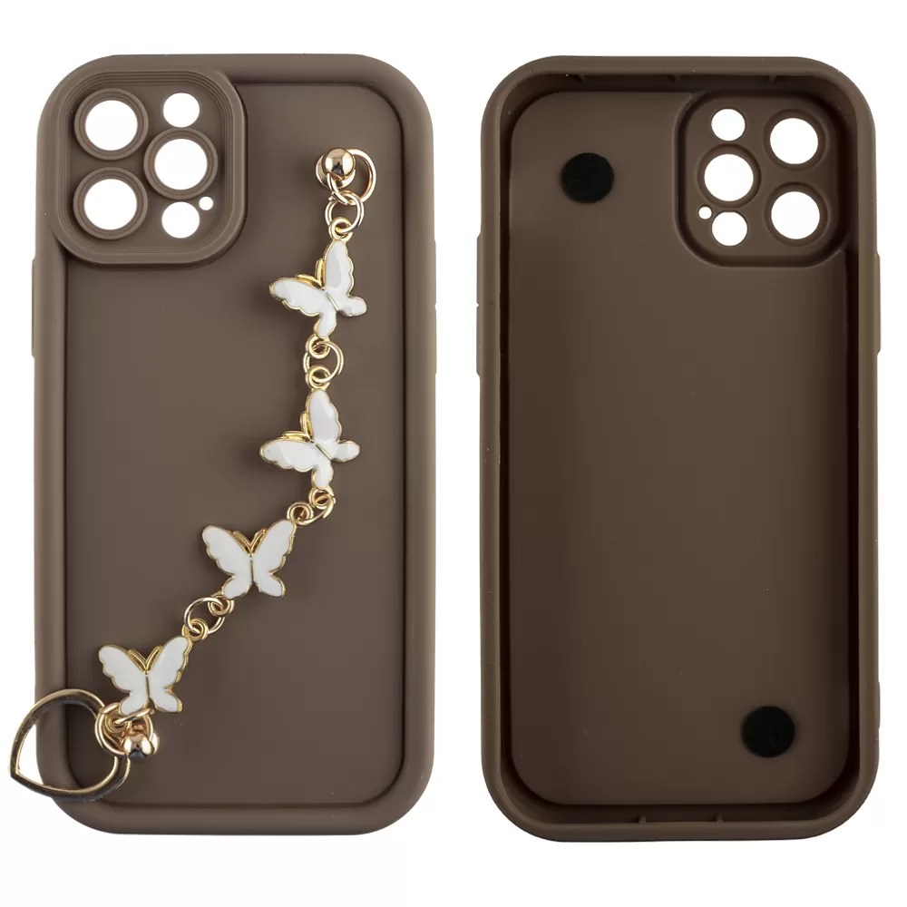 VOLTE-TEL ΘΗΚΗ IPHONE 12 PRO 6.1" SILICON TPU WITH STRAP FULL CAMERA PROTECTION BROWN WITH WHITE BUTTERFLIES - Image 3