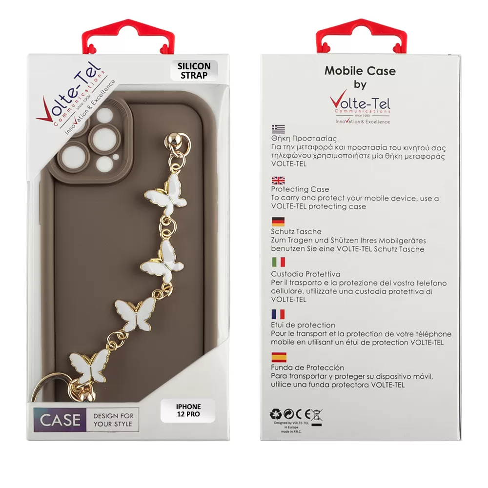 VOLTE-TEL ΘΗΚΗ IPHONE 12 PRO 6.1" SILICON TPU WITH STRAP FULL CAMERA PROTECTION BROWN WITH WHITE BUTTERFLIES - Image 2