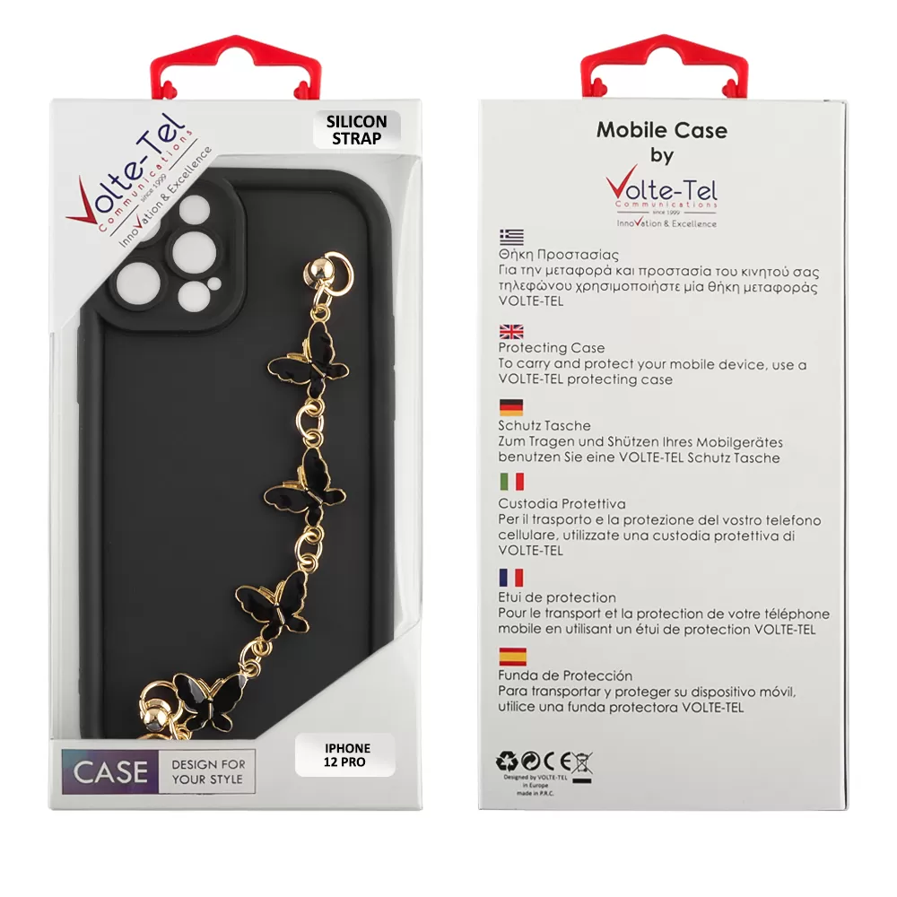 VOLTE-TEL ΘΗΚΗ IPHONE 12 PRO 6.1" SILICON TPU WITH STRAP FULL CAMERA PROTECTION BLACK WITH BLACK BUTTERFLIES - Image 2