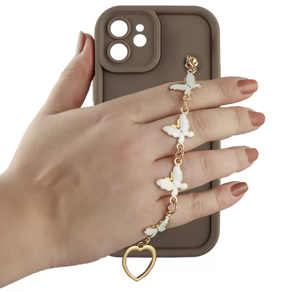 VOLTE-TEL ΘΗΚΗ IPHONE 12 6.1" SILICON TPU WITH STRAP FULL CAMERA PROTECTION BROWN WITH WHITE BUTTERFLIES - Image 5