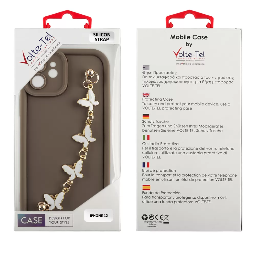 VOLTE-TEL ΘΗΚΗ IPHONE 12 6.1" SILICON TPU WITH STRAP FULL CAMERA PROTECTION BROWN WITH WHITE BUTTERFLIES - Image 2