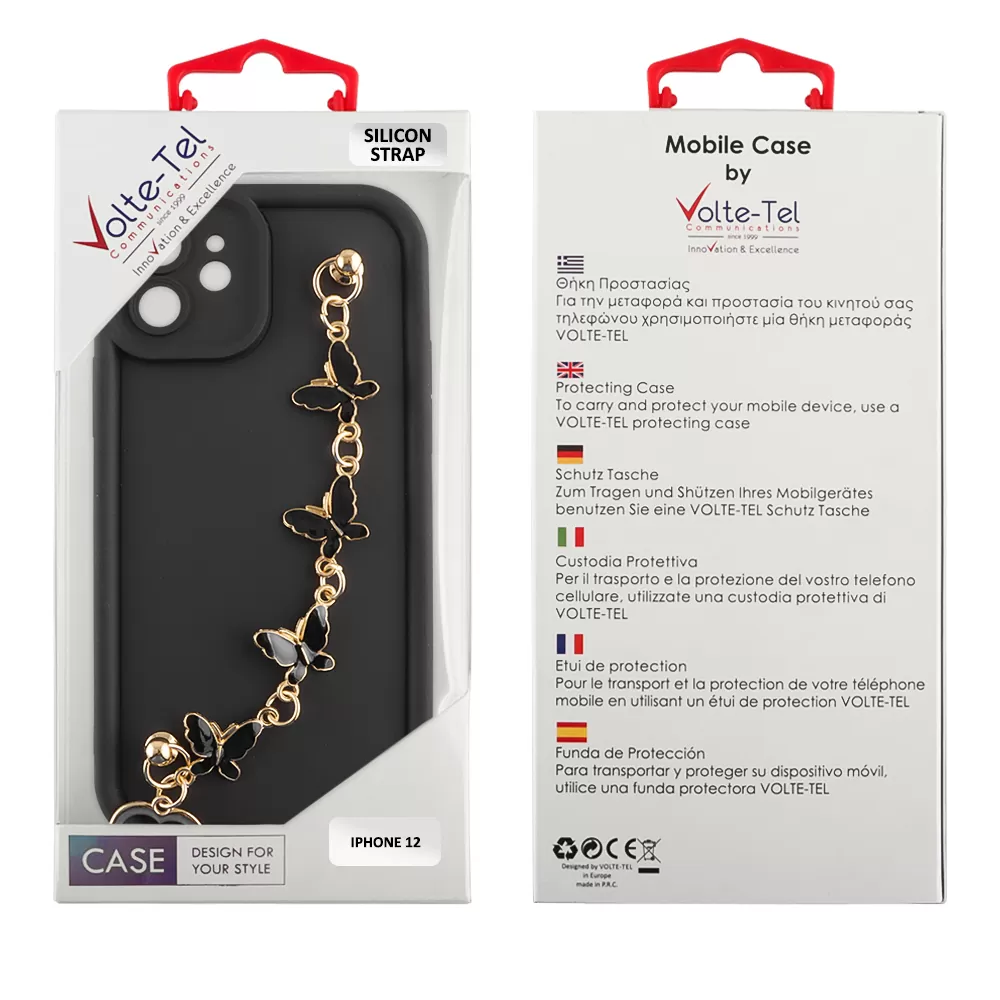 VOLTE-TEL ΘΗΚΗ IPHONE 12 6.1" SILICON TPU WITH STRAP FULL CAMERA PROTECTION BLACK WITH BLACK BUTTERFLIES - Image 2