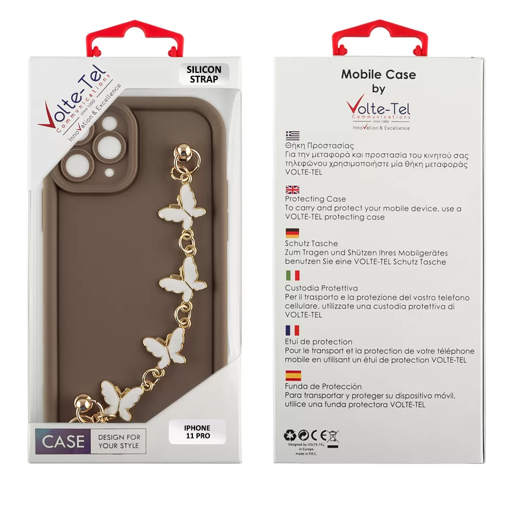 VOLTE-TEL ΘΗΚΗ IPHONE 11 PRO 5.8" SILICON TPU WITH STRAP FULL CAMERA PROTECTION BROWN WITH WHITE BUTTERFLIES - Image 2