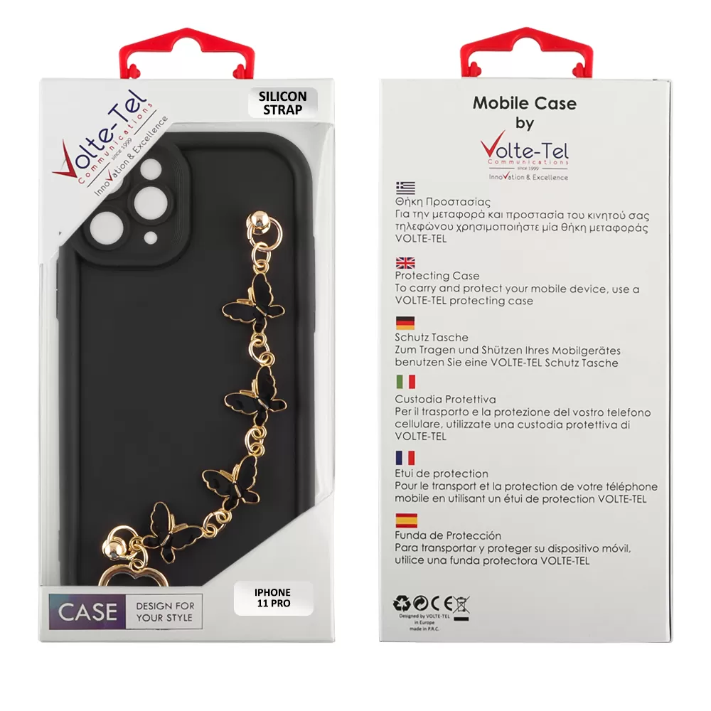 VOLTE-TEL ΘΗΚΗ IPHONE 11 PRO 5.8" SILICON TPU WITH STRAP FULL CAMERA PROTECTION BLACK WITH BLACK BUTTERFLIES - Image 2