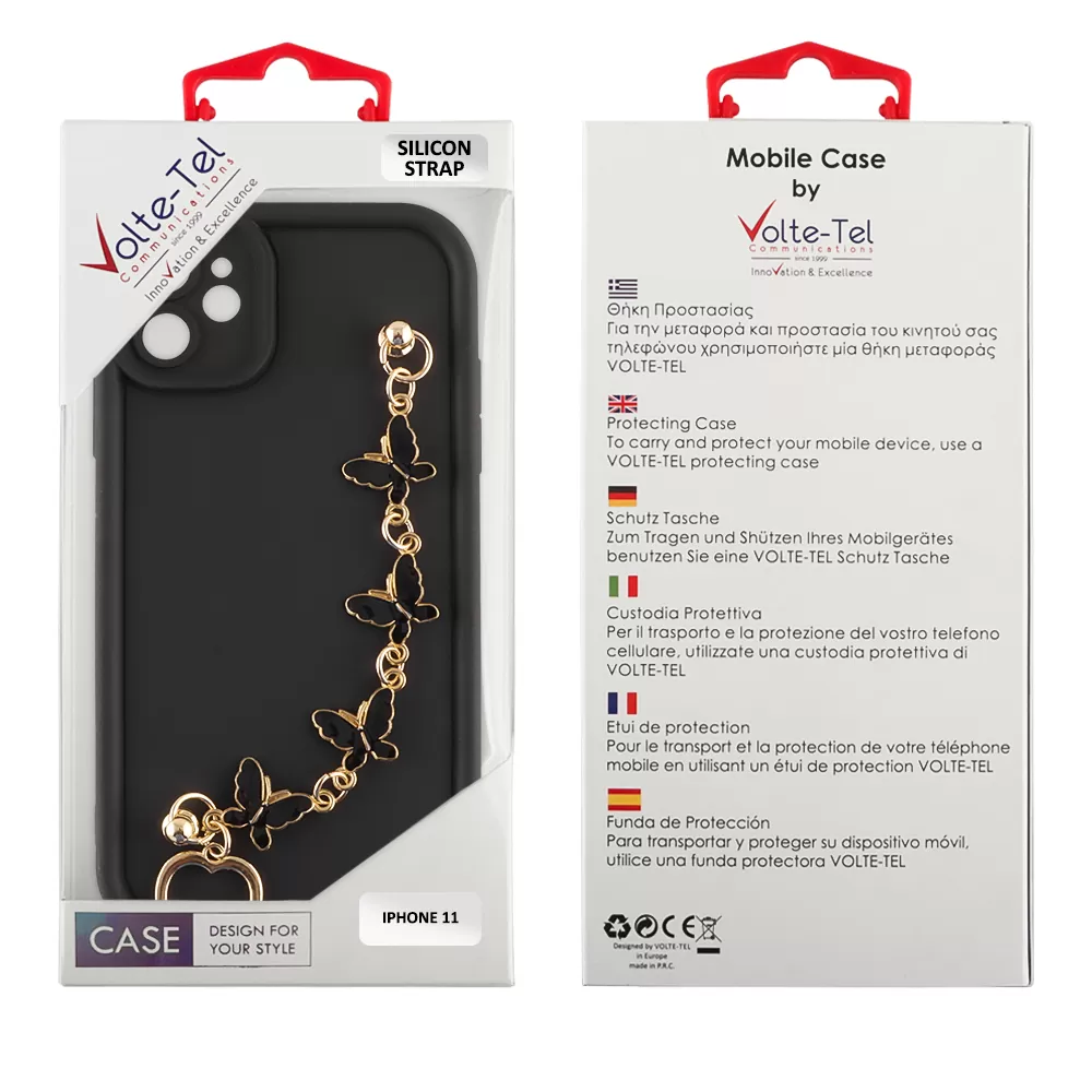 VOLTE-TEL ΘΗΚΗ IPHONE 11 6.1" SILICON TPU WITH STRAP FULL CAMERA PROTECTION BLACK WITH BLACK BUTTERFLIES - Image 2
