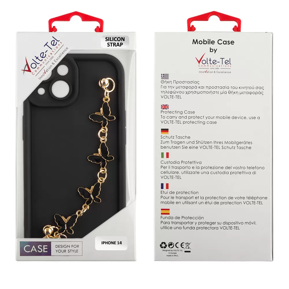 VOLTE-TEL ΘΗΚΗ IPHONE 14 6.1" SILICON TPU WITH STRAP FULL CAMERA PROTECTION BLACK WITH BLACK BUTTERFLIES - Image 2