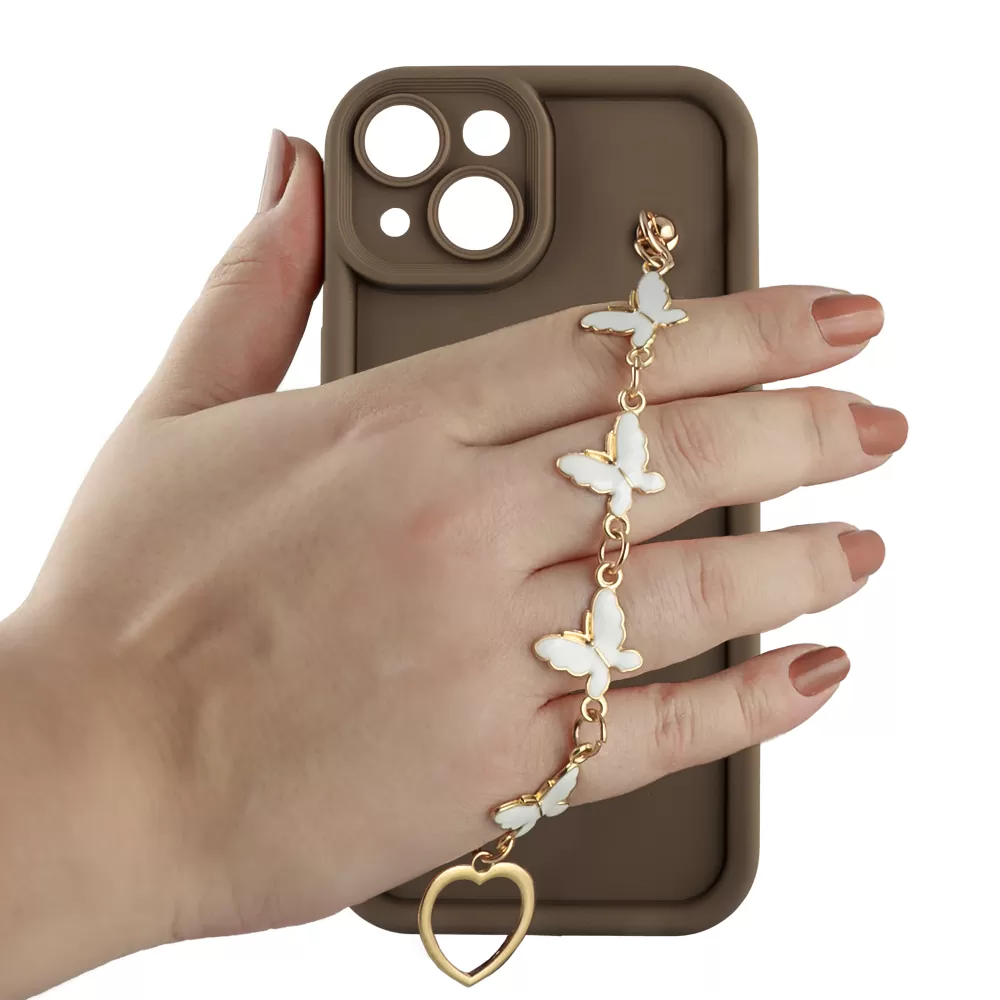 VOLTE-TEL ΘΗΚΗ IPHONE 14 6.1" SILICON TPU WITH STRAP FULL CAMERA PROTECTION BROWN WITH WHITE BUTTERFLIES - Image 5