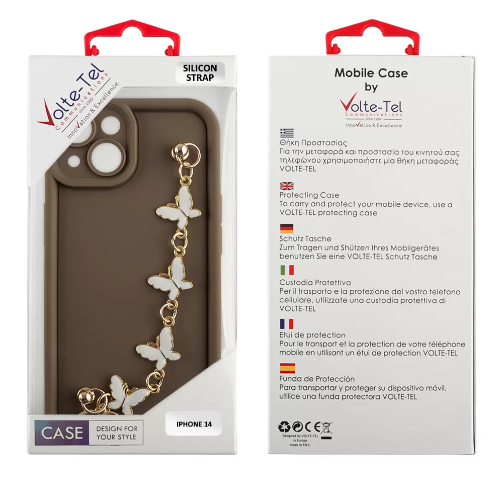 VOLTE-TEL ΘΗΚΗ IPHONE 14 6.1" SILICON TPU WITH STRAP FULL CAMERA PROTECTION BROWN WITH WHITE BUTTERFLIES - Image 2
