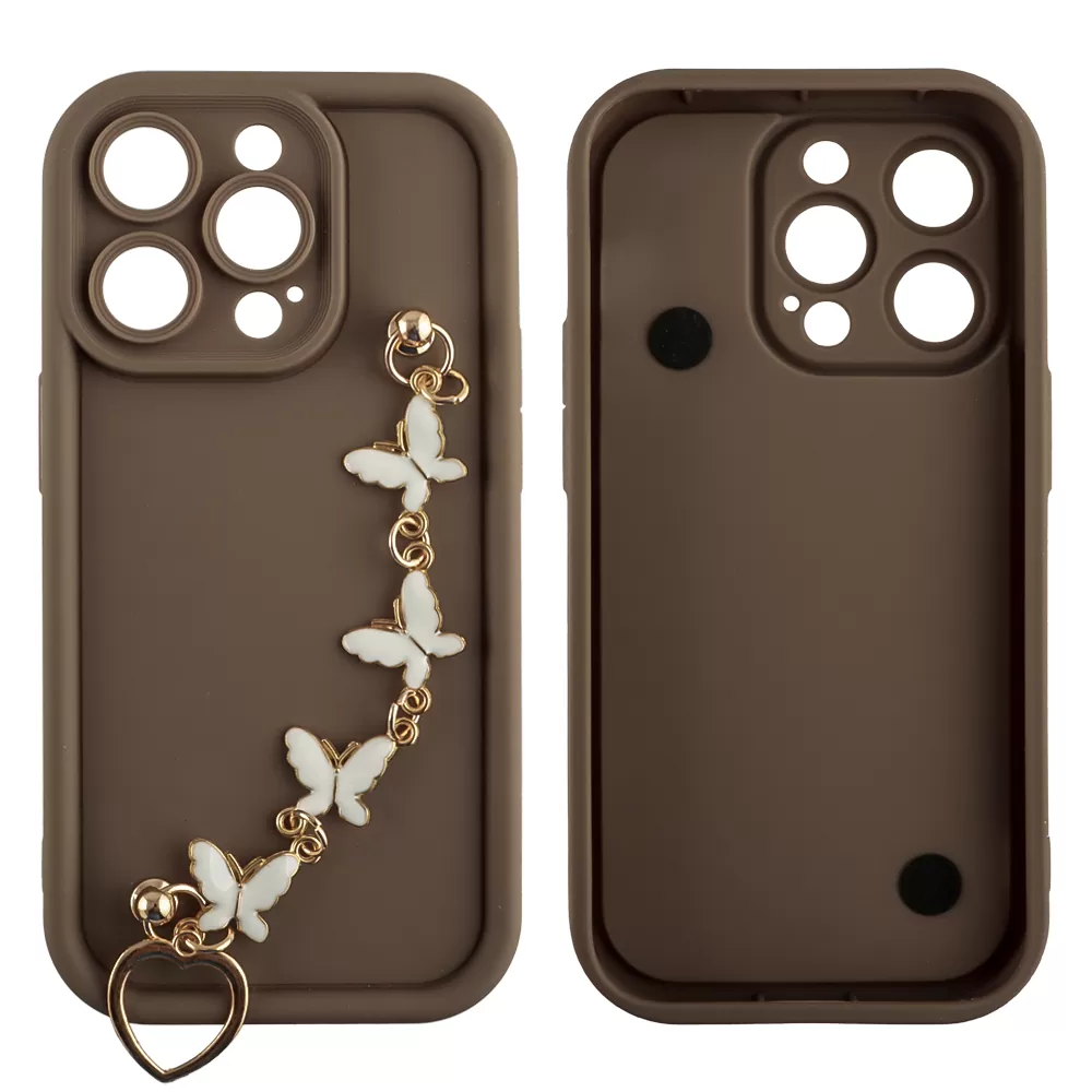 VOLTE-TEL ΘΗΚΗ IPHONE 14 PRO 6.1" SILICON TPU WITH STRAP FULL CAMERA PROTECTION BROWN WITH WHITE BUTTERFLIES - Image 3