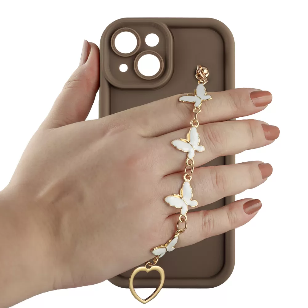 VOLTE-TEL ΘΗΚΗ IPHONE 15 6.1" SILICON TPU WITH STRAP FULL CAMERA PROTECTION BROWN WITH WHITE BUTTERFLIES - Image 5