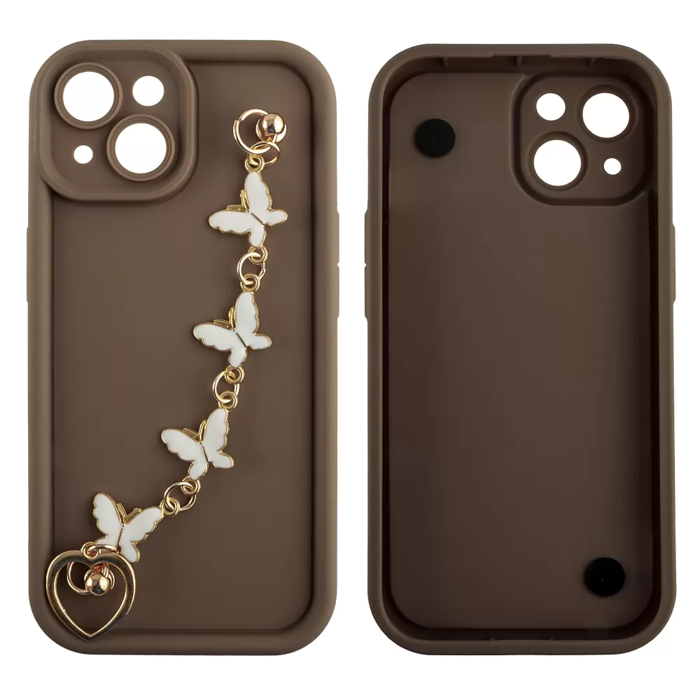 VOLTE-TEL ΘΗΚΗ IPHONE 15 6.1" SILICON TPU WITH STRAP FULL CAMERA PROTECTION BROWN WITH WHITE BUTTERFLIES - Image 3